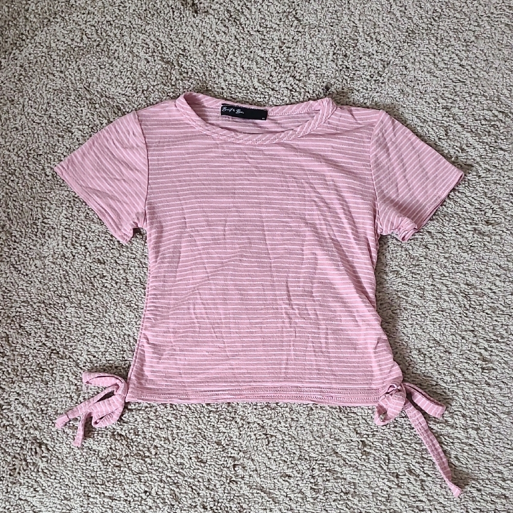 Cropped Pink Striped Top with Side Ruching + Bow Tie Detail